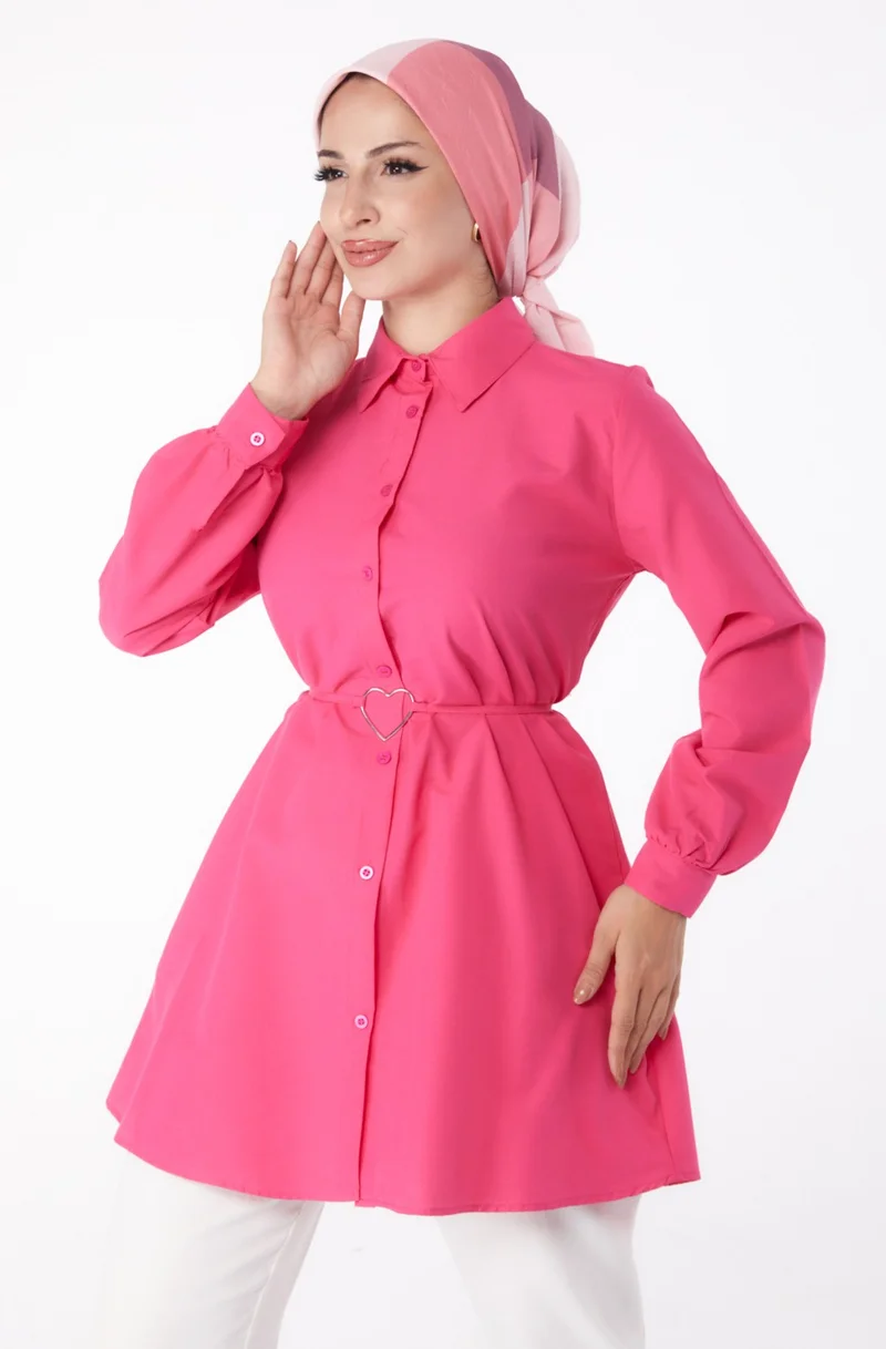 Tofisa Plain Shirt Collar Women's Fuchsia Tunic - 13280