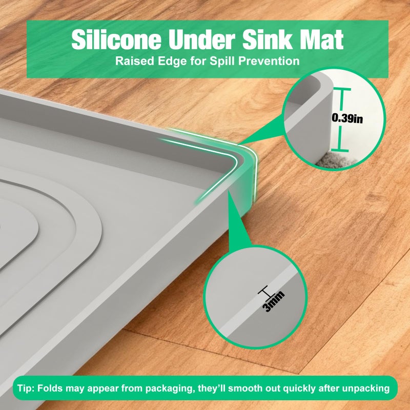Aisslro Under Sink Mat 22" X 19", Waterproof Silicone Cabinet Organizer Protector with Raised Edge, Kitchen & Bathroom Leak Tray, Shelf Liner & Pet Feeding Mat for Dog Cat Food Mats, Gray - Image 5