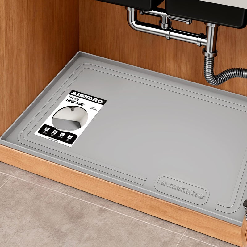 Aisslro Under Sink Mat 22" X 19", Waterproof Silicone Cabinet Organizer Protector with Raised Edge, Kitchen & Bathroom Leak Tray, Shelf Liner & Pet Feeding Mat for Dog Cat Food Mats, Gray - Image 1