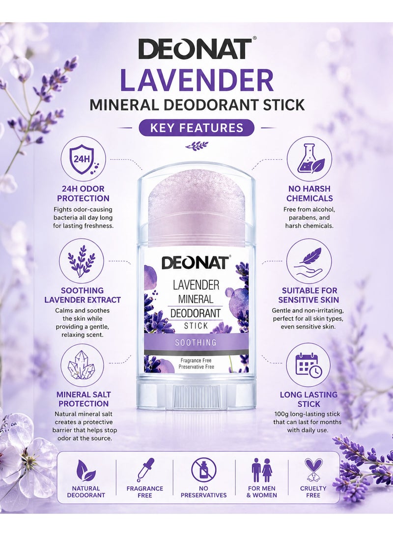 DEONAT Lavender Mineral Deodorant Stick 100g Pack of 1 Natural Alum Crystal Deodorant Antibacterial Anti Odor Soothing Underarm Care for Sensitive Skin Non Staining Long Lasting All Day Protection for Men and Women - Image 2