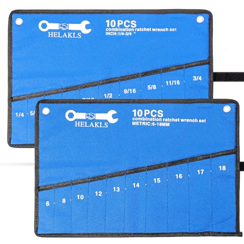 HELAKLS 2 Pieces10 Pockets SAE 10 Pockets Metric Wrench Tool Roll Up Pouch Utility Heavy Duty Canvas Tool Organizers Bag Blue - Image 1