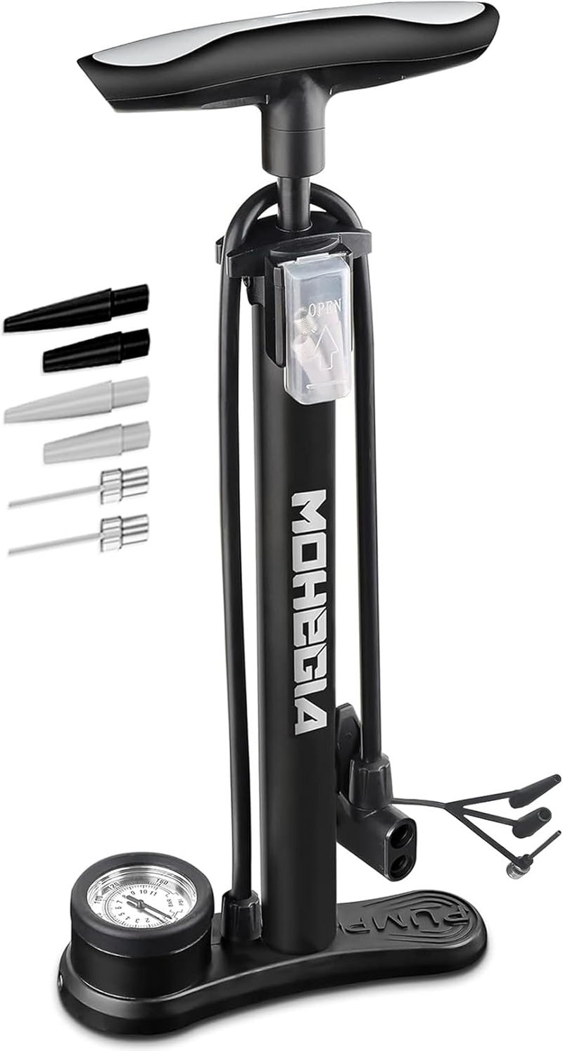 MOHEGIA Bike Floor Pump with Gauge: Air Bicycle Pump with High Pressure 160 PSI,Fits Schrader and Presta Valve -Inflator with Ball Pump Needles for MTB Road Bike, Ball, Balloon, Inflatables - Image 1