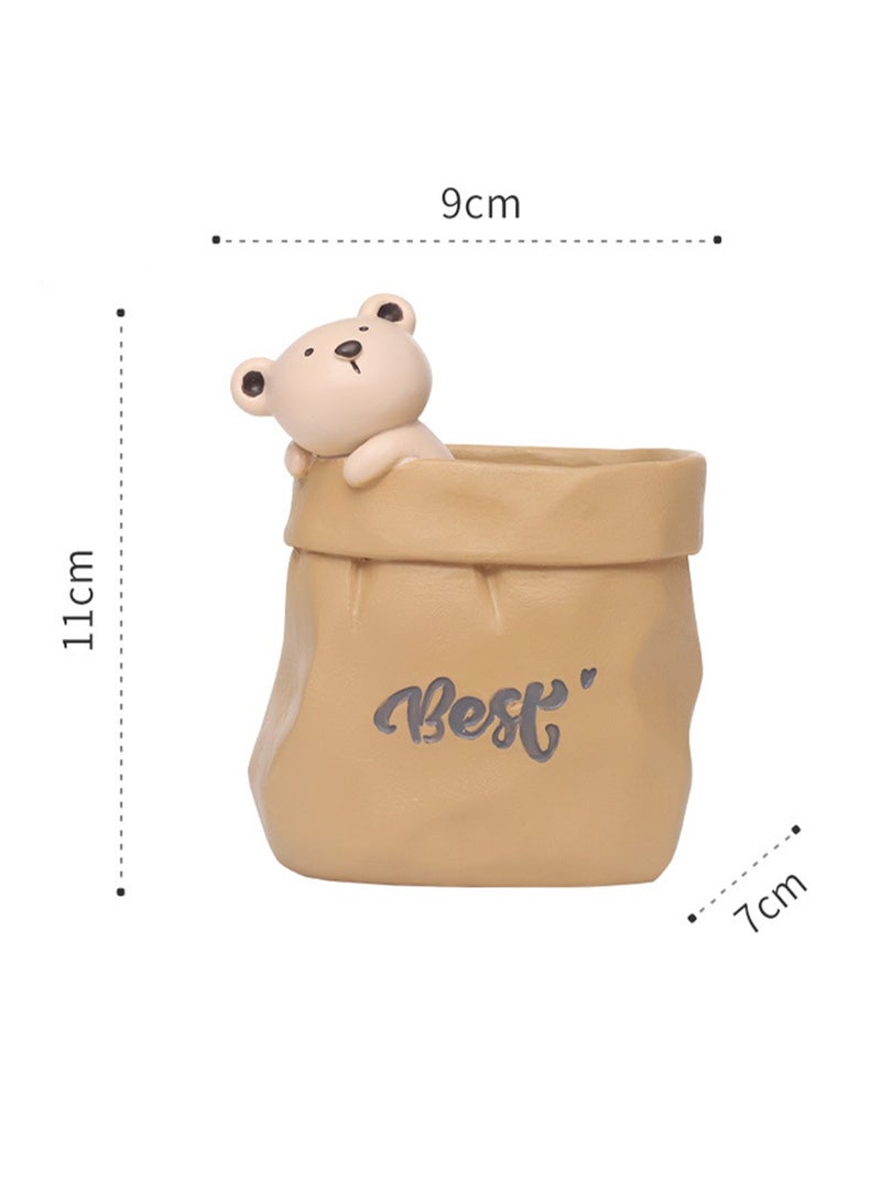 Generic Creative Nordic Paper Bag Succulent Small Flower Pot, Desktop Mini Resin Flower Pot With Drainage Device Suitable For Vanilla Cactus Air Plant, Small Pen Holder Storage Box Home Decoration (Little Bear)  - Image 2