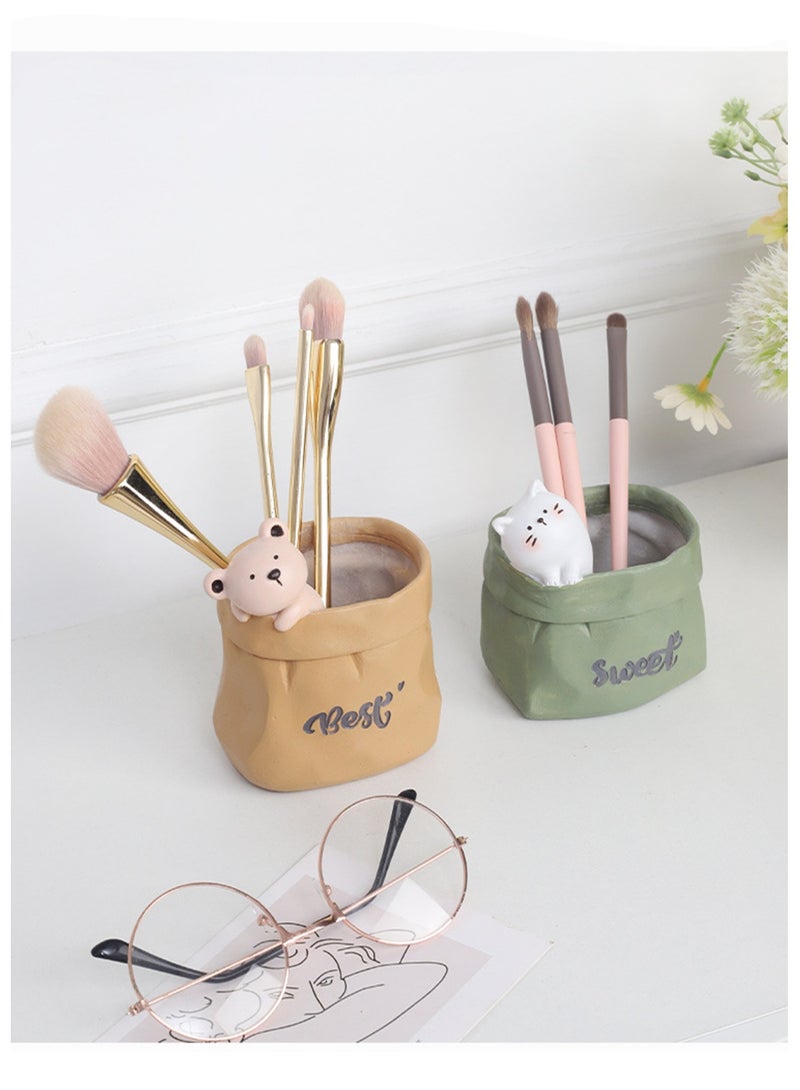 Generic Creative Nordic Paper Bag Succulent Small Flower Pot, Desktop Mini Resin Flower Pot With Drainage Device Suitable For Vanilla Cactus Air Plant, Small Pen Holder Storage Box Home Decoration (Little Bear)  - Image 3