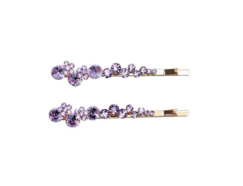 Faship A Pair Of Violet Light Purple Premium Rhinestone Crystal Floral Hair Clips Pins 2 Pcs