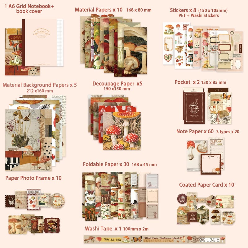 emmoolife Scrapbooking Supplies Kit, Vintage Mushroom Aesthetic Scrapbook Kit for Bullet Junk Journal, Stationery, A6 Grid Notebook, DIY Journaling Supplies, Birthday Craft Gift for Teen Girl Women - Image 2