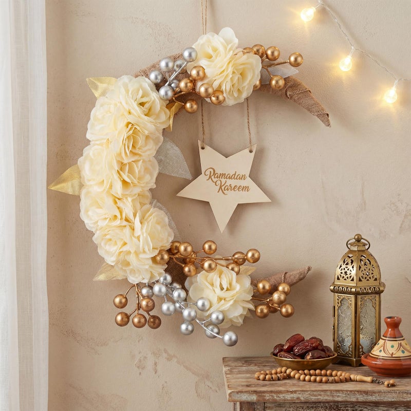 Lineshading Eid Ramadan Mubarak Wreaths Ramadan Decorations for Home Front Door Eid Decor Round Metal Hoop Floral Hanging Garland for Wall Window Indoors Outdoor Farmhouse Decor (Cute) - Image 3