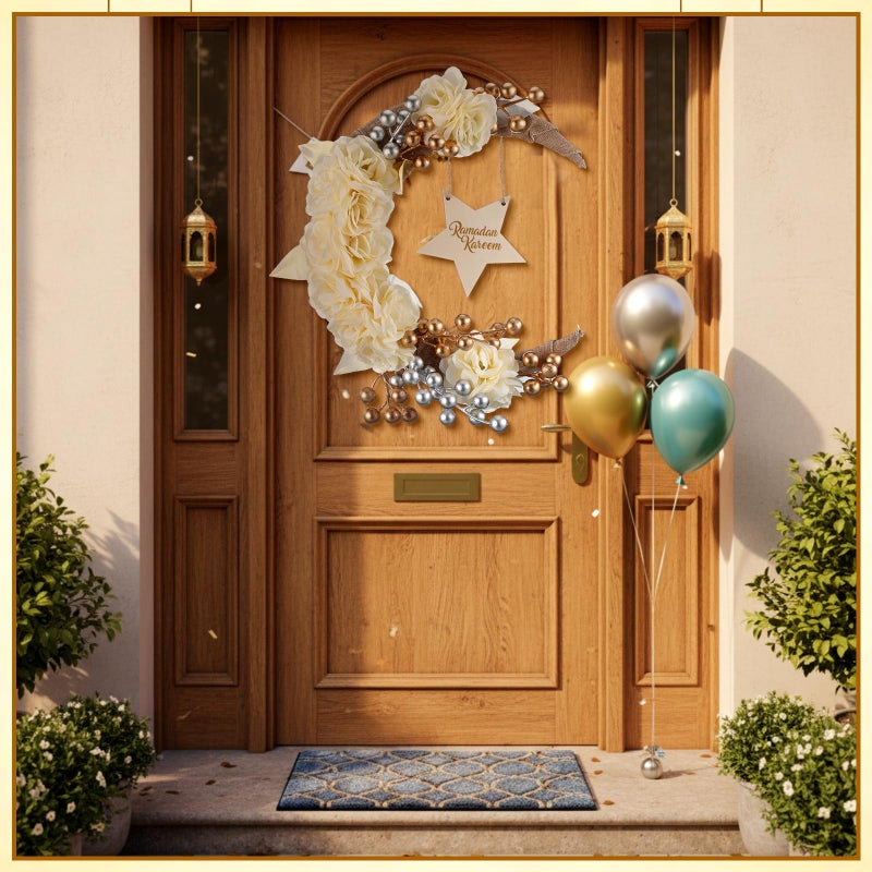 Lineshading Eid Ramadan Mubarak Wreaths Ramadan Decorations for Home Front Door Eid Decor Round Metal Hoop Floral Hanging Garland for Wall Window Indoors Outdoor Farmhouse Decor (Cute) - Image 4