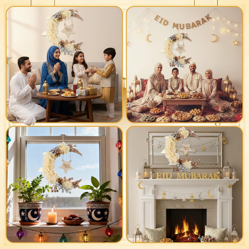 Lineshading Eid Ramadan Mubarak Wreaths Ramadan Decorations for Home Front Door Eid Decor Round Metal Hoop Floral Hanging Garland for Wall Window Indoors Outdoor Farmhouse Decor (Cute) - Image 5