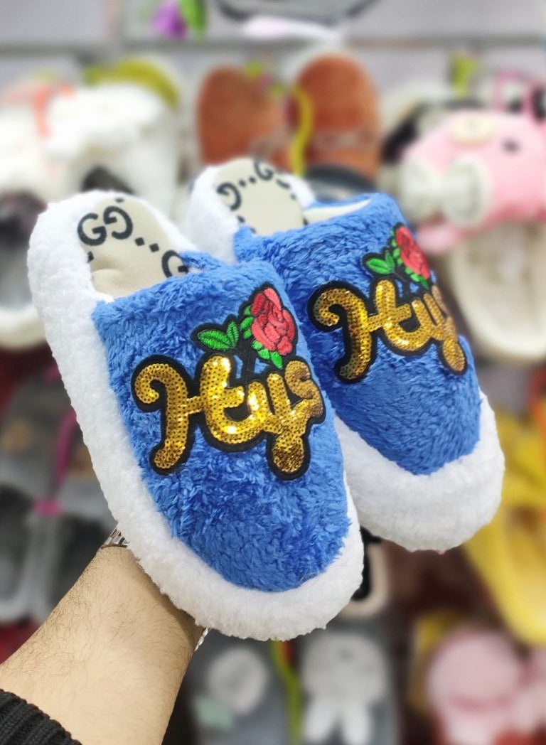Women's winter home slipper with embroidered fur, blue color - Image 1