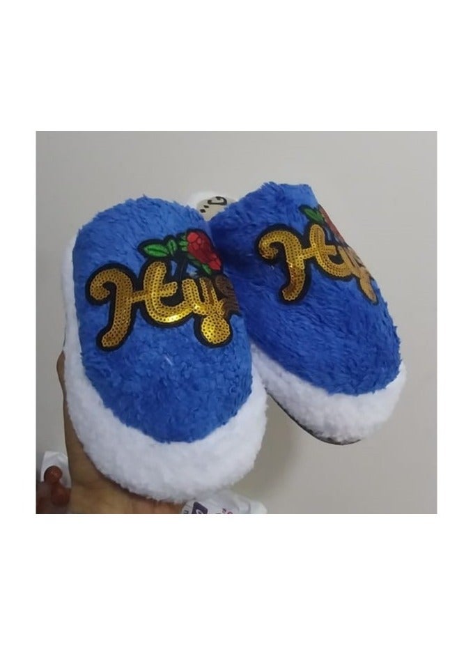 Women's winter home slipper with embroidered fur, blue color - Image 2