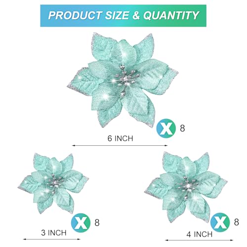 WILLBOND 24 Pcs 3 Size Poinsettia Flower Artificial Christmas Decor Glitter Poinsettia Christmas Ornaments Faux Flowers for Xmas Tree Outdoor3246 InchesBlue and Green - Image 3