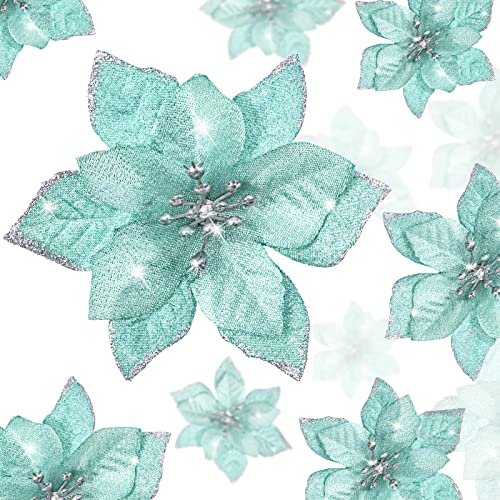 WILLBOND 24 Pcs 3 Size Poinsettia Flower Artificial Christmas Decor Glitter Poinsettia Christmas Ornaments Faux Flowers for Xmas Tree Outdoor3246 InchesBlue and Green - Image 1