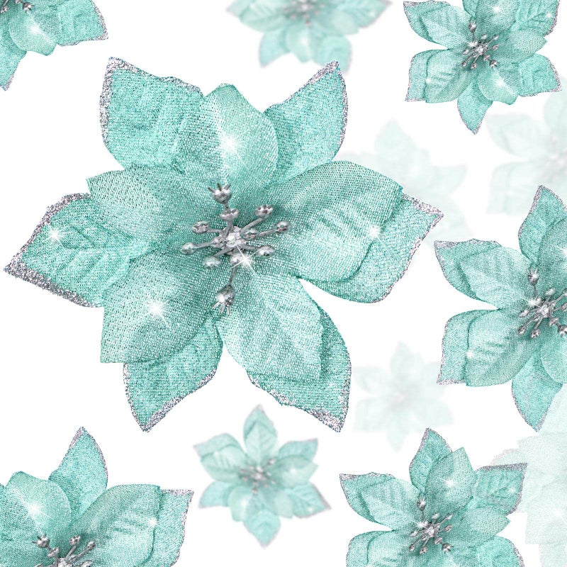 WILLBOND 24 Pcs 3 Size Poinsettia Flower Artificial Christmas Decor Glitter Poinsettia Christmas Ornaments Faux Flowers for Xmas Tree Outdoor3246 InchesBlue and Green - Image 2
