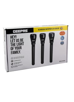 GEEPAS 3Pcs Geepas GFL51076 Rechargeable LED Flashlight, Waterproof Body | Hyper Bright Light  - Image 1