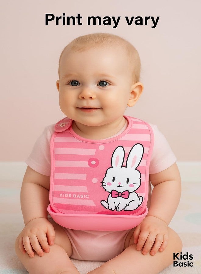 KIDS BASIC Baby Velcro Silicone Bib with Detachable Food Catcher, Baby Apron, Print May Vary (1, Pink) - Image 2