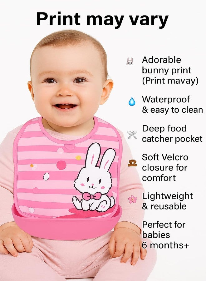 KIDS BASIC Baby Velcro Silicone Bib with Detachable Food Catcher, Baby Apron, Print May Vary (1, Pink) - Image 3