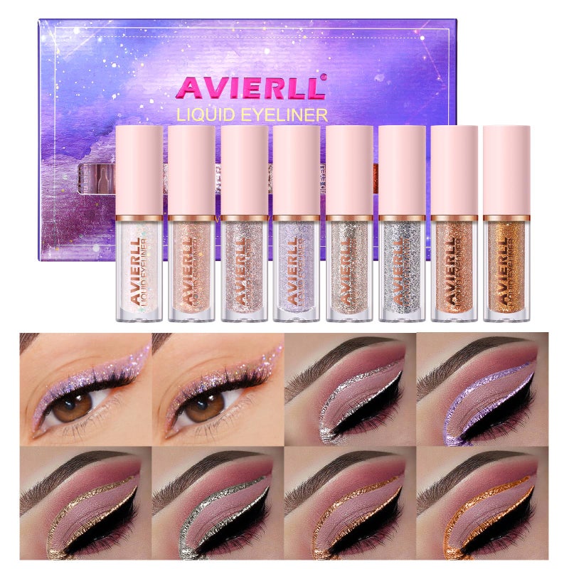 AVIERLL Glitter Eyeliner Set LongLasting Shiny Waterproof Colored Easy to Color Eyeliner Without mudging FastDrying LongLasting Eye Makeup 8Colors