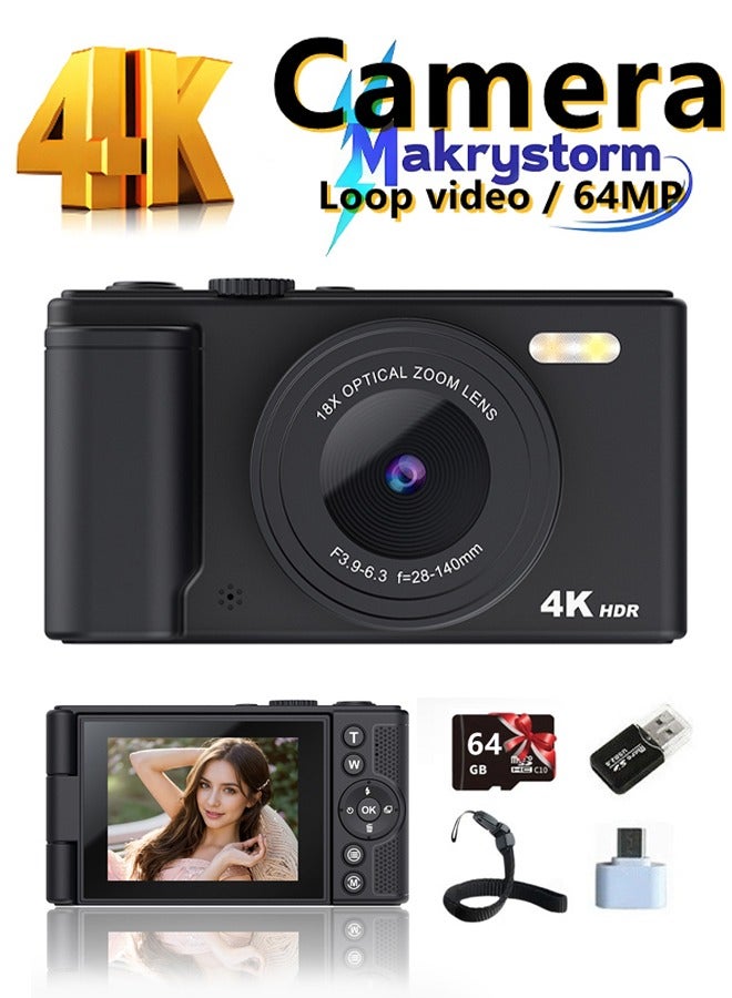 Makrystorm 4K Digital Camera for Photography, 64MP Autofocus Vlogging Camera for YouTube with 2.8'' 180°Flip Screen, 18X Digital Zoom Anti-Shake Compact Travel Camera,64GB TF Card - Image 1