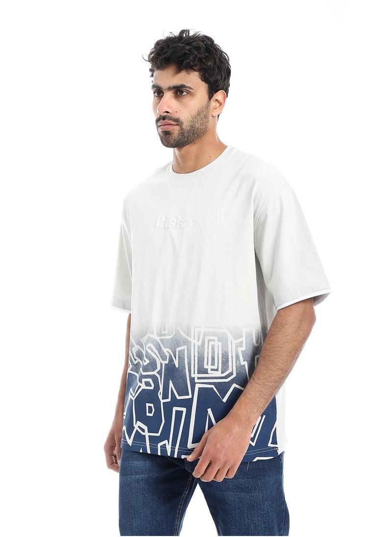 بافون Prominent Print and Self Pattern Comfy T-Shirt - Light Grey & Navy Blue  - Image 1