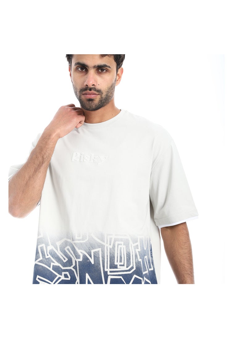 بافون Prominent Print and Self Pattern Comfy T-Shirt - Light Grey & Navy Blue  - Image 2
