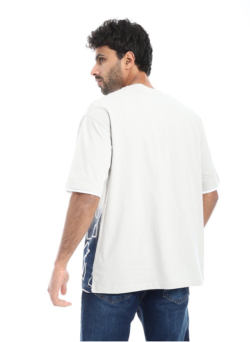 بافون Prominent Print and Self Pattern Comfy T-Shirt - Light Grey & Navy Blue  - Image 3