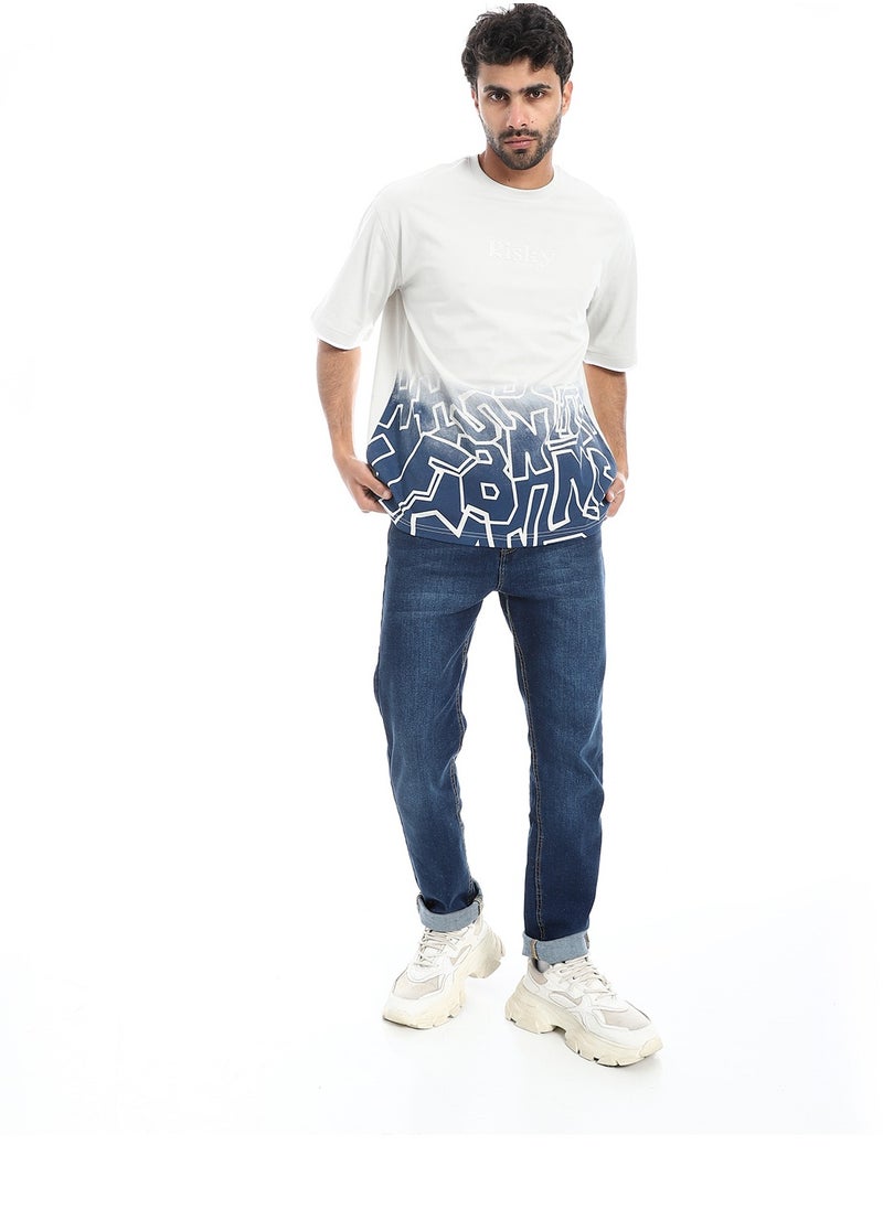 بافون Prominent Print and Self Pattern Comfy T-Shirt - Light Grey & Navy Blue  - Image 4