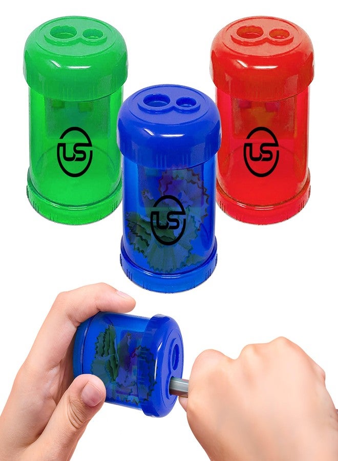 Ultimate Stationery Pencil Sharpeners, 3 Pack Blue Dual Hole Sharpener with Receptacle Pencil Sharpener Manual Pencil Sharpeners for Regular and Oversized Pencils or Crayons - Image 1