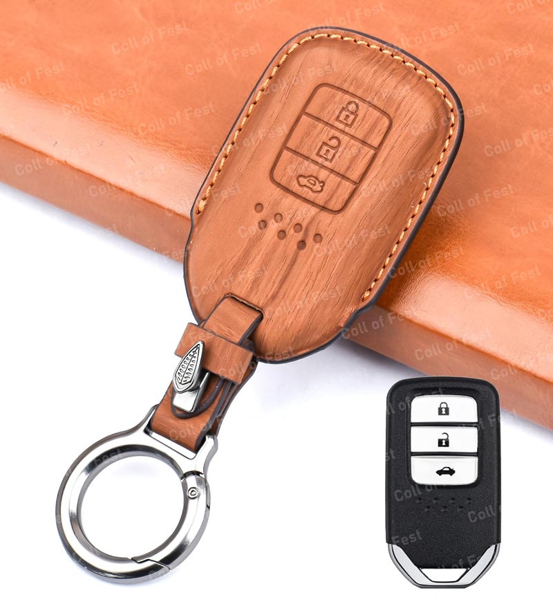 Coll of Fest Wooden PU Leather Key Cover Compatible with Honda BRV, WRV, CRV, Jazz, City 2 ButtonSmart Key Stylish & Durable Protection - Image 1