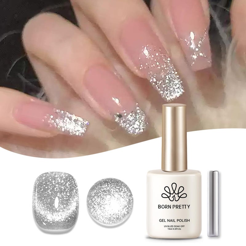 Born Pretty Cat Magnetic Eye Gel Nail Polish, Silver Platinum Cat Magnetic Gel, Sparkle Glitter Magnetic Soak Off U v Nail Gel Diy Art Manicure Nail Salon Varnish 15ML - Image 1