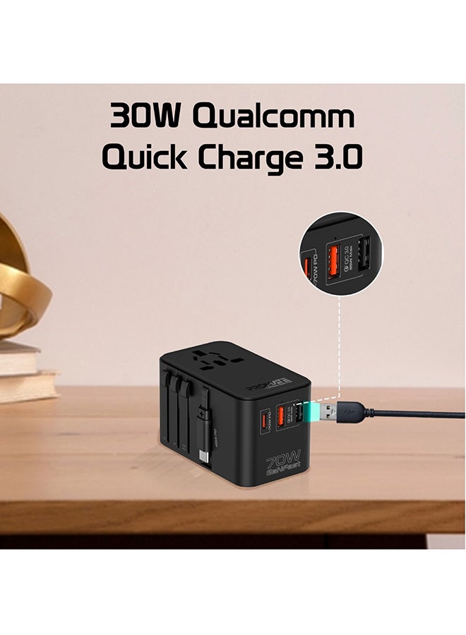بروميت محول سفر عالمي مع شاحن GaN، ومقبس تيار متردد بقدرة 2500 وات، وتوصيل طاقة USB-C بقدرة 70 وات، ومنفذ QC 3.0 بقدرة 30 وات، وكابل USB-C مدمج قابل للسحب للشحن السريع، TripMate-GaN70R أسود - Image 4