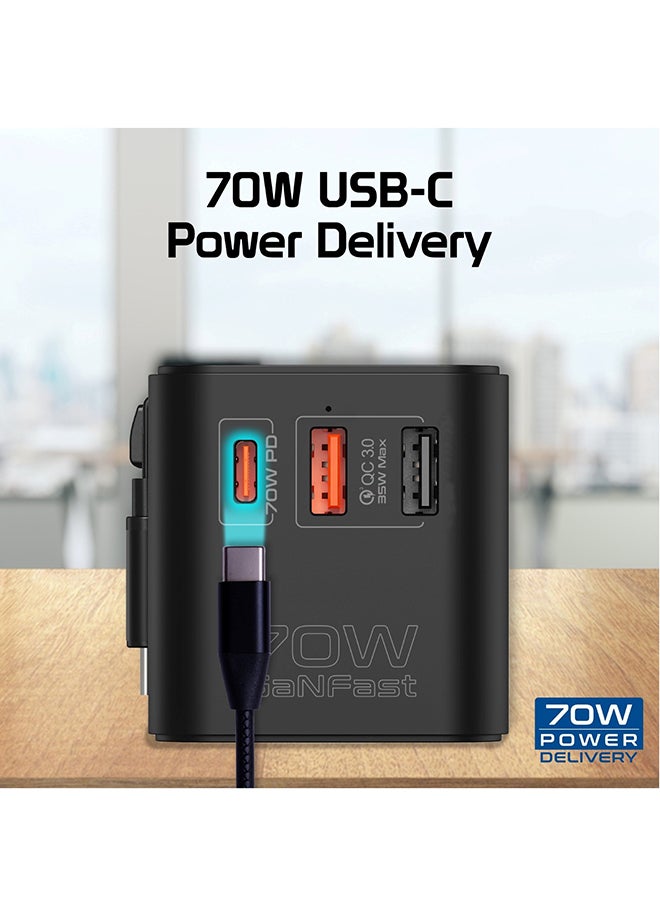 بروميت محول سفر عالمي مع شاحن GaN، ومقبس تيار متردد بقدرة 2500 وات، وتوصيل طاقة USB-C بقدرة 70 وات، ومنفذ QC 3.0 بقدرة 30 وات، وكابل USB-C مدمج قابل للسحب للشحن السريع، TripMate-GaN70R أسود - Image 3