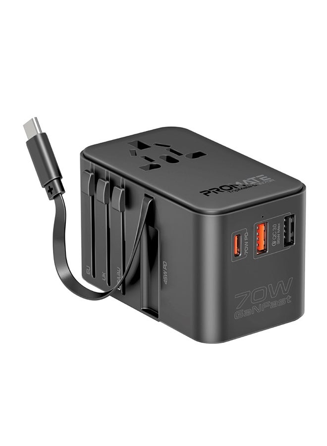 بروميت محول سفر عالمي مع شاحن GaN، ومقبس تيار متردد بقدرة 2500 وات، وتوصيل طاقة USB-C بقدرة 70 وات، ومنفذ QC 3.0 بقدرة 30 وات، وكابل USB-C مدمج قابل للسحب للشحن السريع، TripMate-GaN70R أسود - Image 1