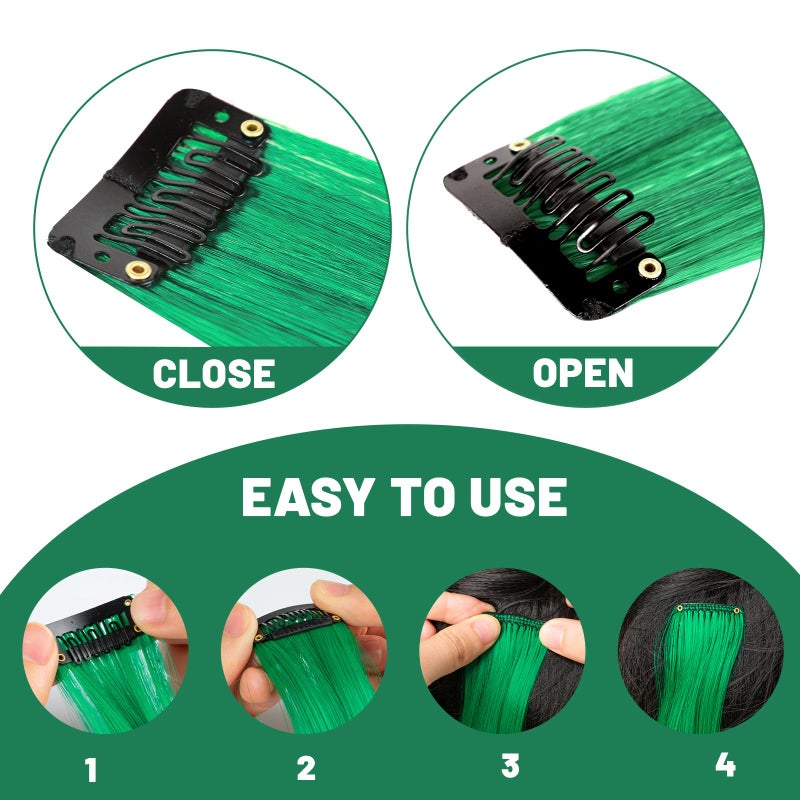 TOFAFA 22 inch Colored Hair Extensions, Colorful Party Highlights Clip in Synthetic Hair Extensions, Color Long Straight Hairpieces for Girls Women Kids Favor Gift(10 PCS Dark Green) - Image 3