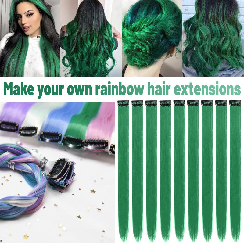 TOFAFA 22 inch Colored Hair Extensions, Colorful Party Highlights Clip in Synthetic Hair Extensions, Color Long Straight Hairpieces for Girls Women Kids Favor Gift(10 PCS Dark Green) - Image 2