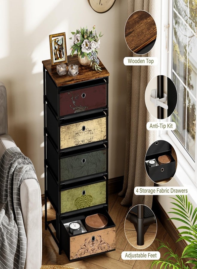 VASICAR Storage Unit with 5 Drawers, Fabric Nightstand, Clothes Organizer, Craft Storage Chest, Small Pattern Dresser for Bedroom, Living Room, Closet, Entryway, Hallway, Nursery, Dorm-Wood Top - Image 4
