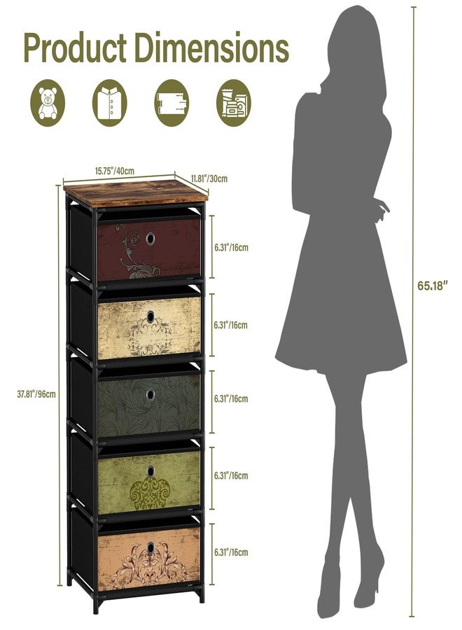 VASICAR Storage Unit with 5 Drawers, Fabric Nightstand, Clothes Organizer, Craft Storage Chest, Small Pattern Dresser for Bedroom, Living Room, Closet, Entryway, Hallway, Nursery, Dorm-Wood Top - Image 3