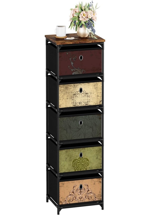 VASICAR Storage Unit with 5 Drawers, Fabric Nightstand, Clothes Organizer, Craft Storage Chest, Small Pattern Dresser for Bedroom, Living Room, Closet, Entryway, Hallway, Nursery, Dorm-Wood Top - Image 1
