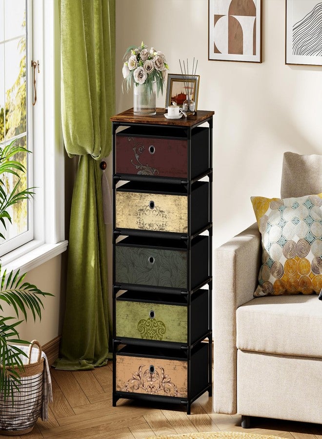 VASICAR Storage Unit with 5 Drawers, Fabric Nightstand, Clothes Organizer, Craft Storage Chest, Small Pattern Dresser for Bedroom, Living Room, Closet, Entryway, Hallway, Nursery, Dorm-Wood Top - Image 2