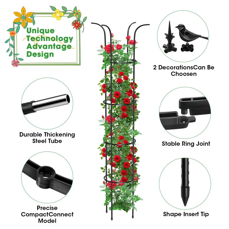 MQUPIN Tower Obelisk Garden Trellis for Climbing Plantï¼Œ6.2FT/74.4" Rustproof Metal Potted Plant Climbing Support for Indoor Outdoor Flowers Vegetable Fruits Vines Support (2Pcs) - Image 2