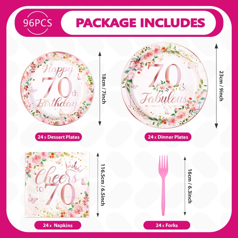 Grencian 96Pcs 70th Birthday Party Decorations for Women Rose Gold Floral 70th Falulous Plates and Napkins Tableware Cheers to 70 Birthday Decorations for 70 Years Old Birthday Party Favors Serves 24 - Image 2
