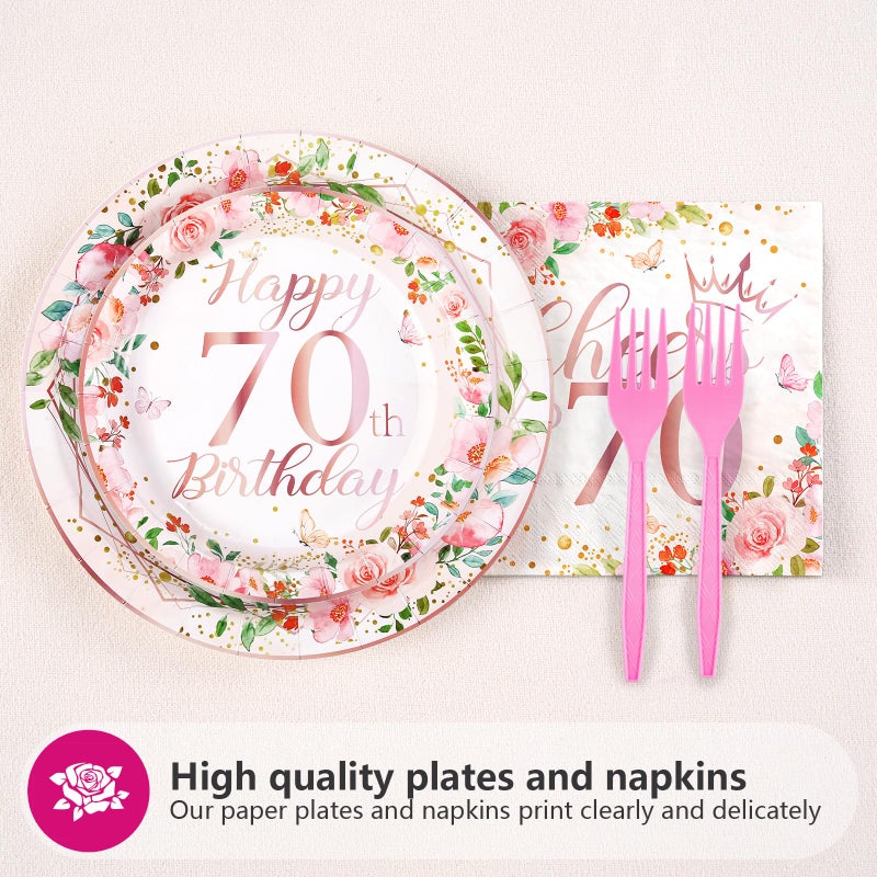 Grencian 96Pcs 70th Birthday Party Decorations for Women Rose Gold Floral 70th Falulous Plates and Napkins Tableware Cheers to 70 Birthday Decorations for 70 Years Old Birthday Party Favors Serves 24 - Image 4