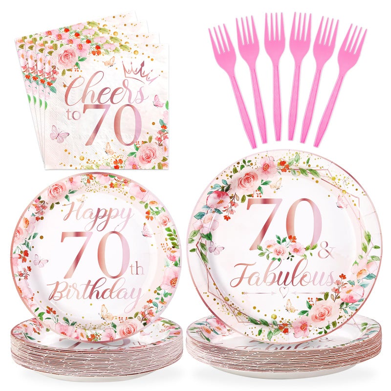 Grencian 96Pcs 70th Birthday Party Decorations for Women Rose Gold Floral 70th Falulous Plates and Napkins Tableware Cheers to 70 Birthday Decorations for 70 Years Old Birthday Party Favors Serves 24 - Image 1
