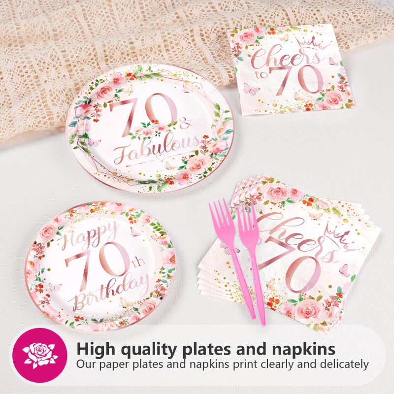 Grencian 96Pcs 70th Birthday Party Decorations for Women Rose Gold Floral 70th Falulous Plates and Napkins Tableware Cheers to 70 Birthday Decorations for 70 Years Old Birthday Party Favors Serves 24 - Image 5