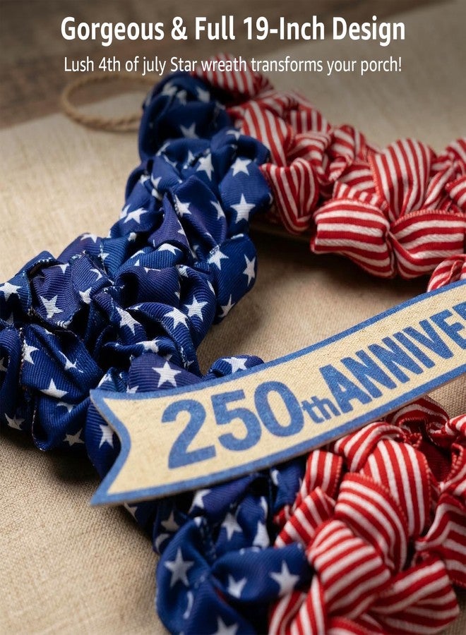 NUTIKAS 4th of July Wreath Patriotic Decorations for Front Door - 19 inch Memorial Day 250th Anniversary USA Fourth of July Burlap Star Wreath, Red White and Blue Hanging for Independence Day 2026 Decor - Image 3
