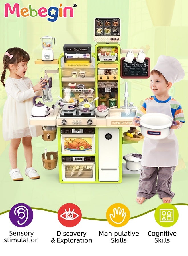 MEBEGIN Pretend Kitchen Toy Set with Rich Accessories, Kitchen Play Set Toy with Realistic Light, Sound and Steam Simulation, Creative Kitchen Cooking Playset Toys with Touchscreen Ordering Function, Ideal Gift for Kids, 66*22*95cm - Image 2