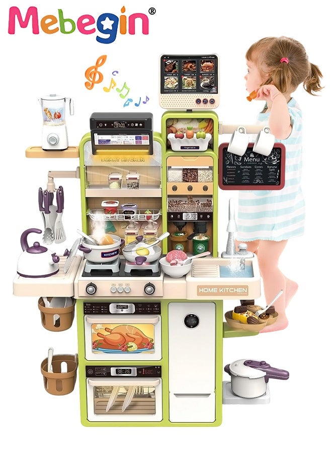 MEBEGIN Pretend Kitchen Toy Set with Rich Accessories, Kitchen Play Set Toy with Realistic Light, Sound and Steam Simulation, Creative Kitchen Cooking Playset Toys with Touchscreen Ordering Function, Ideal Gift for Kids, 66*22*95cm - Image 1
