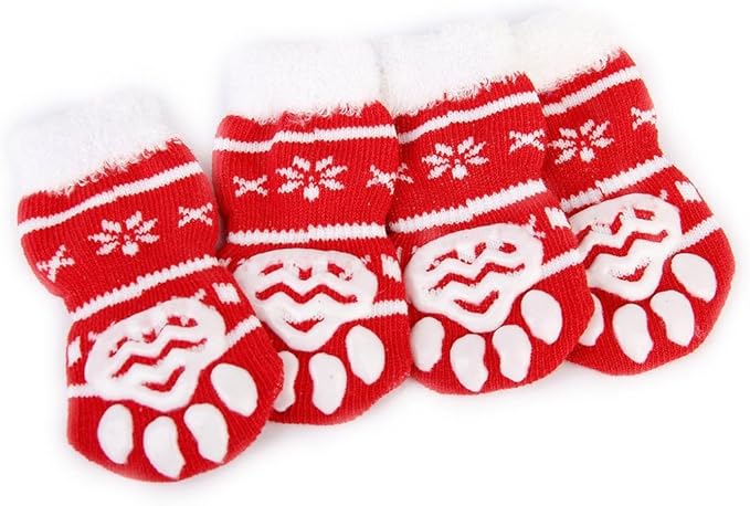 4Pcs Pet Dog Cat Warm Socks Cotton Supplies Color Roso Size L - Image 1