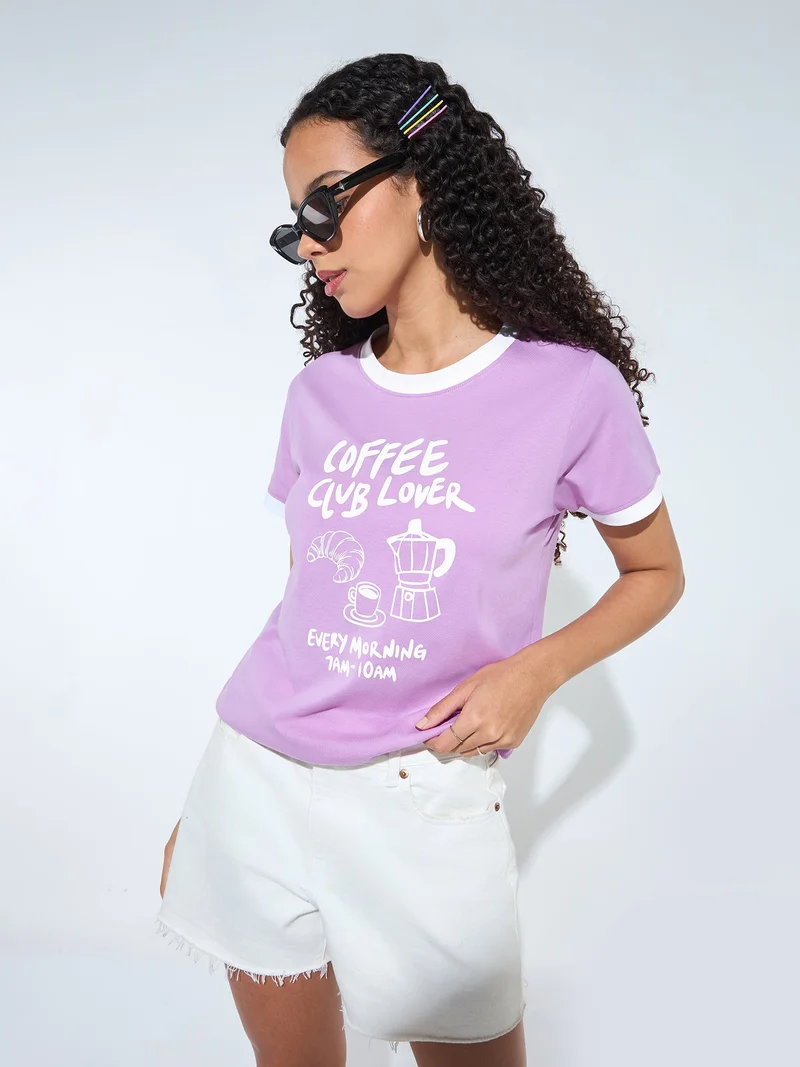 OUTZIDR Lavender Graphic Printed Contrast Hem T-Shirt