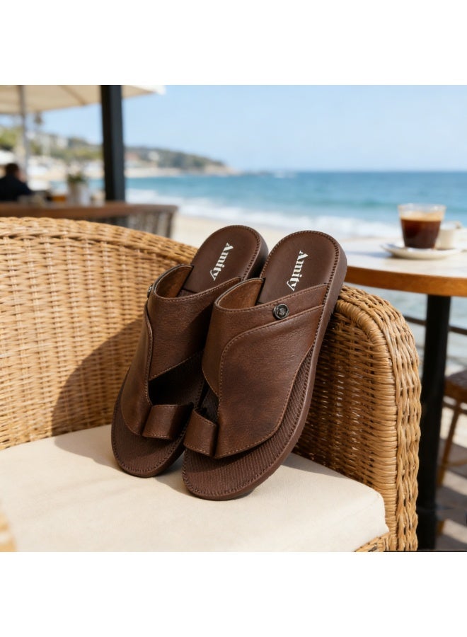 Men's Arabic-Style Coffee Toe-Ring Slippers, With Fixed Metal Round Decorative Buckle, Flat Casual Slippers, Soft And Non-Slip Summer Slippers, For Everyday Indoor And Outdoor Wear - Image 2